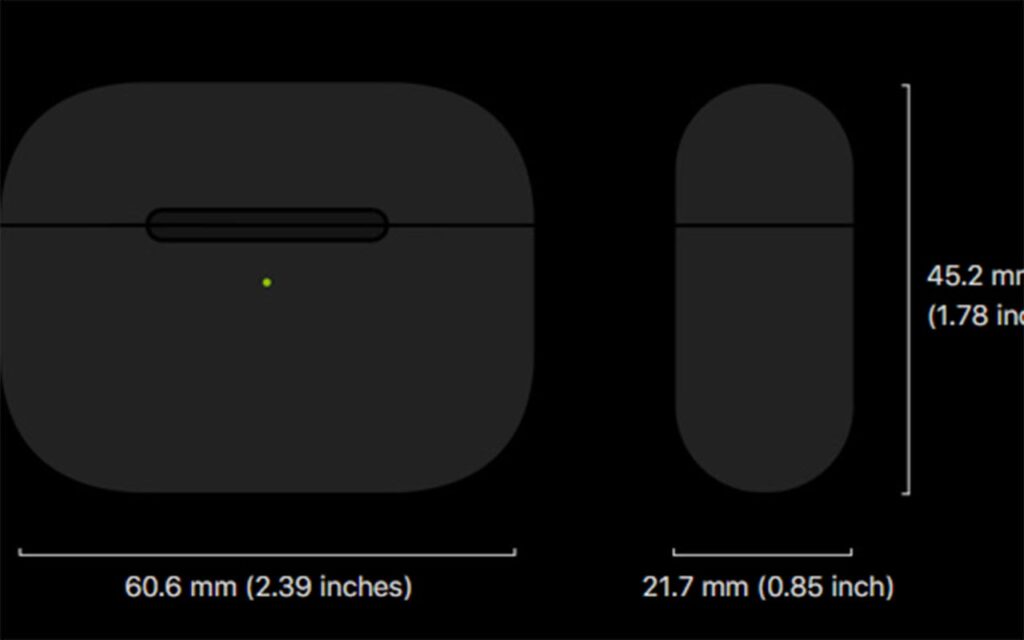 AirPods pro charging case dimensions. Height by Width by Depth. 45.2mm * 60.6mm * 21.7mm.  The case weighs 45.6grams.