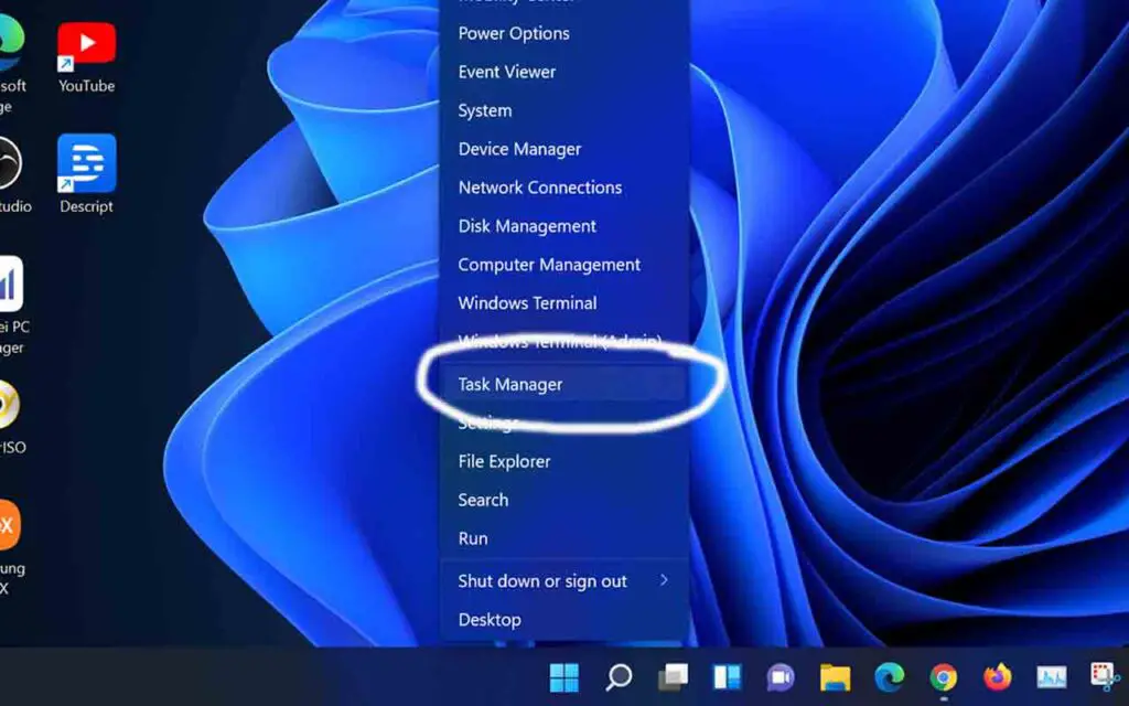 Opening Windows 11 "Task Manager" by right-clicking the start menu