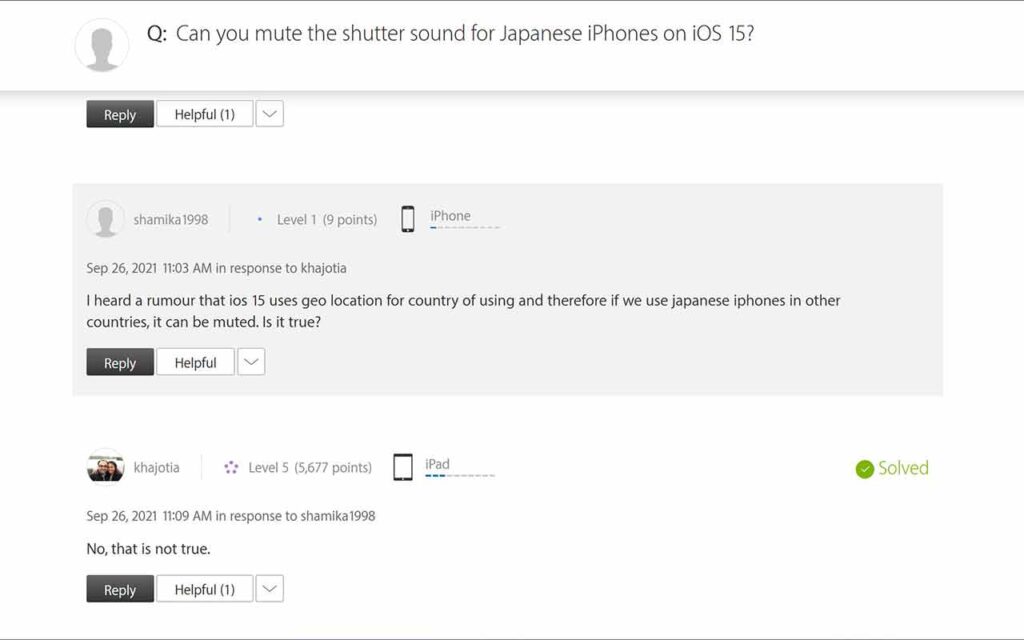 Japan iPhone shutter sound fix discussion in Apple's support community group. 