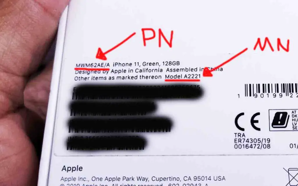 checking the iphone model number and part number on the back of the iPhone's box