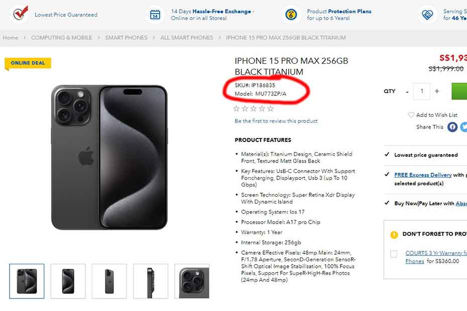 ZP/A iphone 15 pro max on major Singaporean iPhone supplier's website 